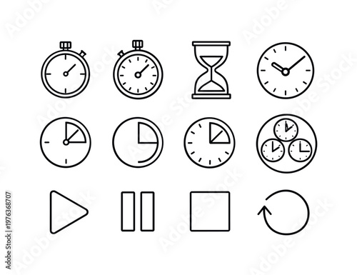Line style vector icons of Countdown timer icons: timer, stopwatch, hourglass, clock; countdown, seconds, minutes, hours; start,