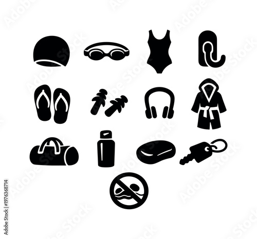 Solid vector icons of swimmer equipment: swim cap, goggles, swimsuit, towel hook, flip flop, ear plug, nose clip, robe, sports