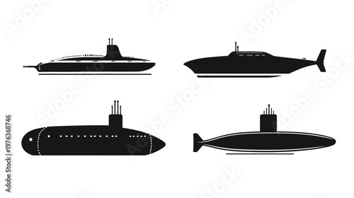 A collection of four black silhouette submarines, designed in a simple, graphic illustration style