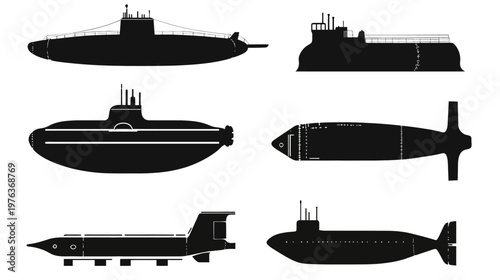 Silhouetted submarine designs. Six different submarine schematics. Various silhouettes of underwater vessels