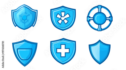Set of six light blue shields, each with a unique emblem, on a white background