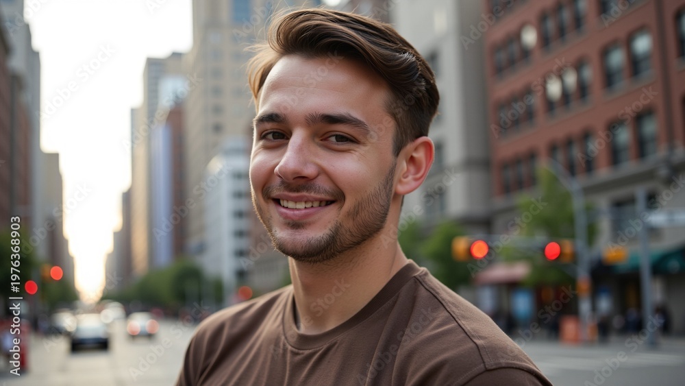 Fototapeta premium Confident Smiling Asian Man on Busy City Street