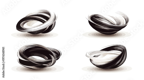 Four swirling abstract shapes, executed with dark and light brushstrokes, set against a white backdrop