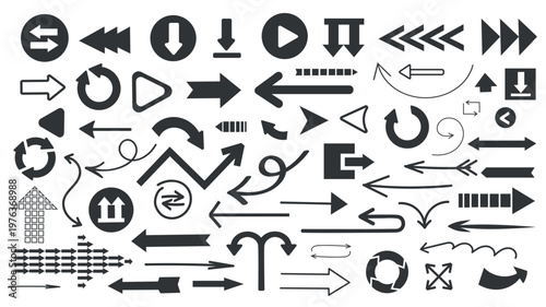 Arrows and pointers elements set design. Collection with black cursors and simple direction buttons, pictograms of download, right, left, next, play, scroll, attachment, more. Vector illustration.