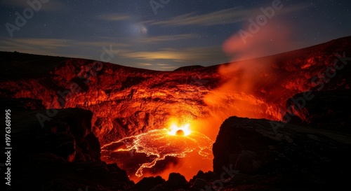 A stunning volcanic landscape with lava and smoke at night under a starry sky