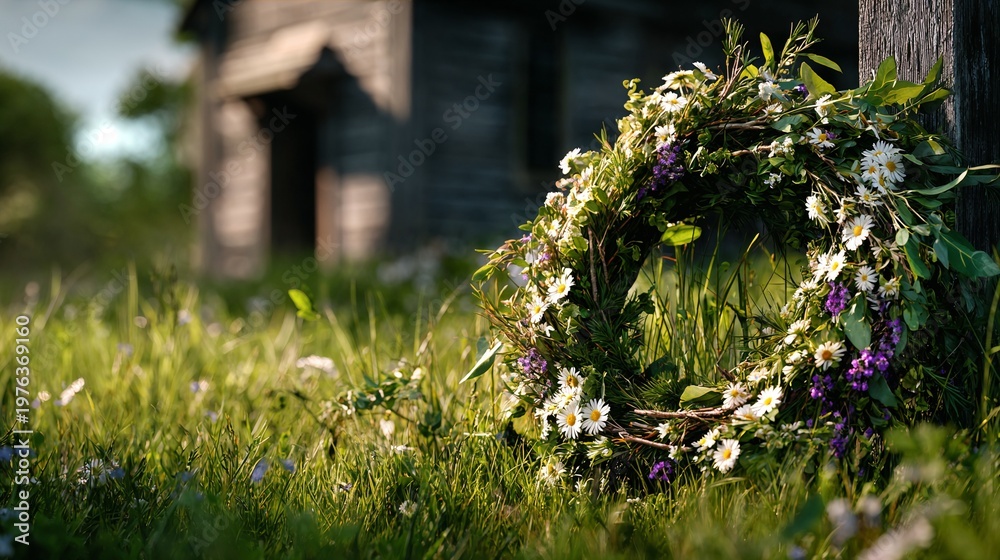 Fototapeta premium Flower wreath on grass near wooden cabin in sunny outdoor setting