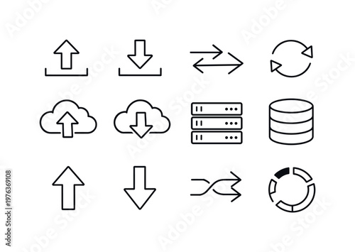 Line style vector icons of Upload download icons: upload, download, transfer, sync; cloud, server, storage, database; arrowup,