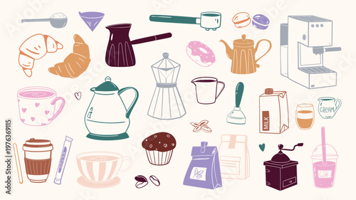 Hand drawn doodle sketch coffee clipart elements set design. Collection with moka pot, croissants, grains in bag, espresso maker machine, cups, kettles, sugar sticks, milk, more. Vector illustration.