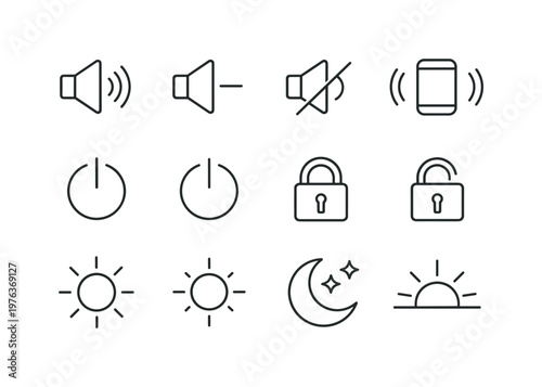Line style vector icons of phone control icons: volume up, volume down, mute, vibrate; power on, power off, lock, unlock;