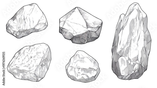 Hand-drawn grayscale illustration showcasing five unique stones and rock formations