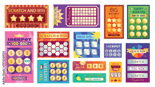 Lottery scratch tickets elements set design. Collection with realistic templates for money win coupons, instant win cards, lotto numbers combination mark, lucky game with reward. Vector illustration.