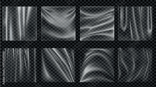 Plastic wrap elements set design. Collection with square plastic packaging mockups with folded and wrinkles surface, empty polyethylene wrapping stretch films for album covers. Vector illustration.