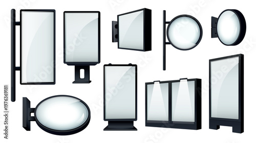 Realistic billboard mockups elements set design. Collection with square and round outdoor lightboxes, empty advertising billboard, street shield displays, screens in metal frames. Vector illustration.