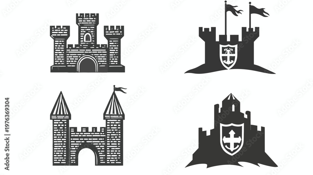 Fototapeta premium Four stylized castle illustrations, featuring brick walls, towers, flags, and shields, isolated on white