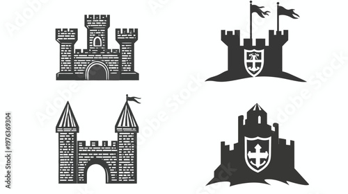 Four stylized castle illustrations, featuring brick walls, towers, flags, and shields, isolated on white