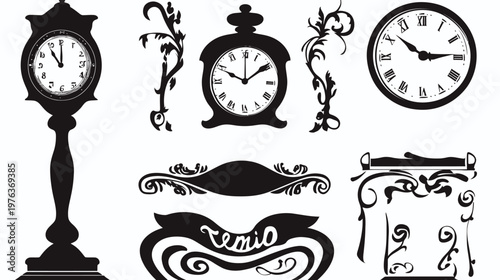 Silhouettes of clocks with Roman numerals and decorative frames and flourishes against a white background