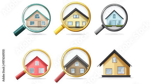 Various stylized houses under magnification with different colored handles