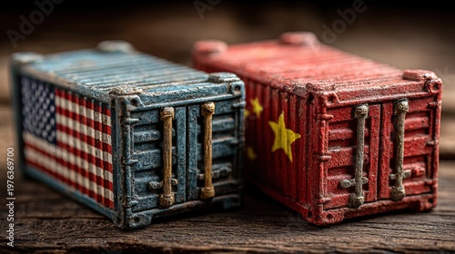 Conceptual Trade War Miniature Shipping Container with American and Chinese Flags