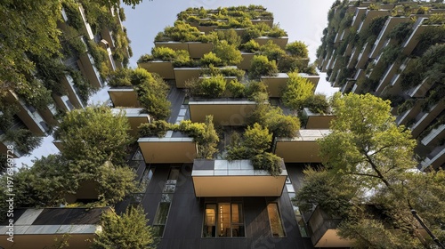 Modern Upward View of Green Tree Covered Residential Apartment Building