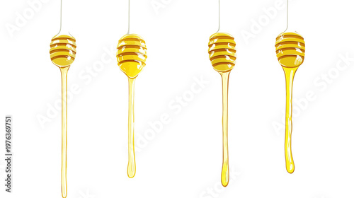 Four honey dippers dripping honey. Each is shown at a slightly different stage of dripping