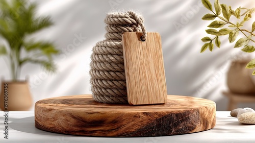 Minimalist Natural Wooden Board Podium with Rope and Tag for Display