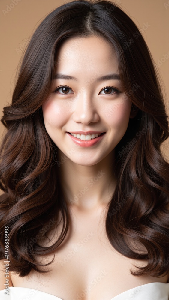 Obraz premium Elegant Asian Beauty with Glowing Korean Makeup Portrait on Beige Background