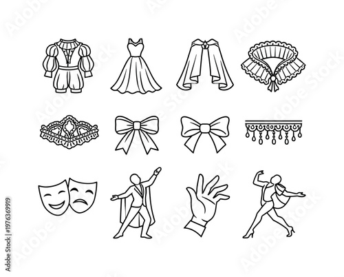 Line style icons of theatrical elegance theme: costume, gown, cape, collar; lace, ribbon, bow, trim; drama, pose, gesture, flair