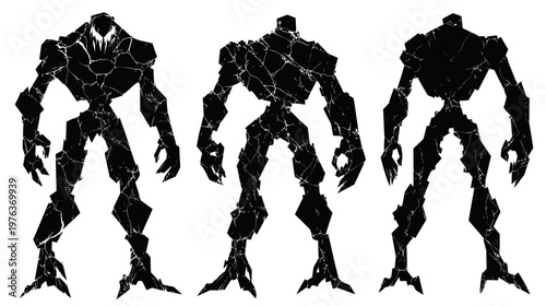 Three ominous, faceless, silhouetted humanoid figures with angular features, textured surfaces, and imposing presence