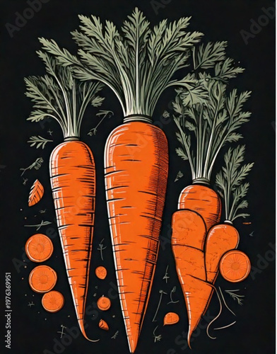 Three Fresh Carrots With Green Tops And Slices.