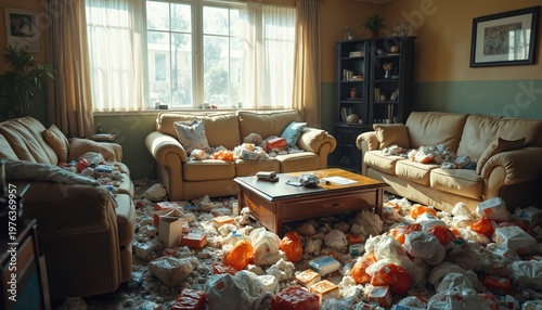 Messy living room full of trash and garbage bags piled on floor and furniture. Disorganized home interior with widespread disorder and uncleanliness, indicating neglect or hoarding situation.