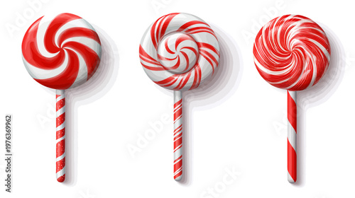 Three vibrant, digitally rendered lollipops with red and white spiral designs. Shadows suggest depth