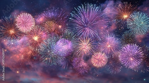 Artistic Colorful Fireworks Display with Nebula Sky Background for Celebration