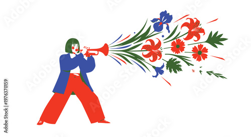 Colorful illustration of person blowing flowers from trumpet, vibrant bouquet, floral arrangement, decorative art
