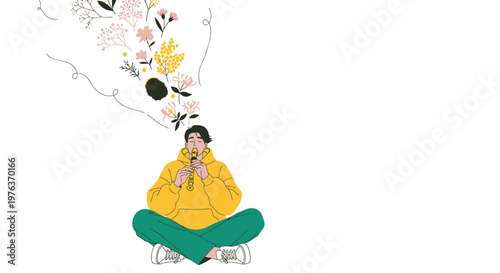 Vector illustration of a woman meditating, surrounded by flowers and leaves, mindfulness and relaxation concept, yoga and wellness, green and yellow