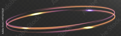 Glowing neon elliptical light ring in warm gradient colors isolated on transparent background, dynamic futuristic energy orbit effect.
