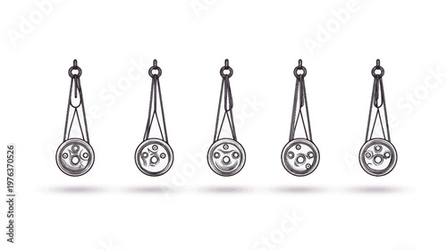 Linear sketch of five pendant-like shapes with a central circular component, suspended from above