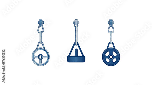 Three stylized, blue pulley systems hanging from chains on a white background