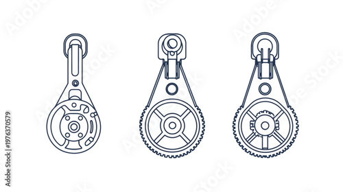 Three line art illustrations of pulleys, each with a different wheel design, showing different details