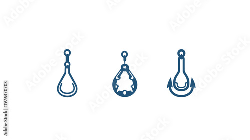 Three stylized blue fishing hooks, with differing designs on white background