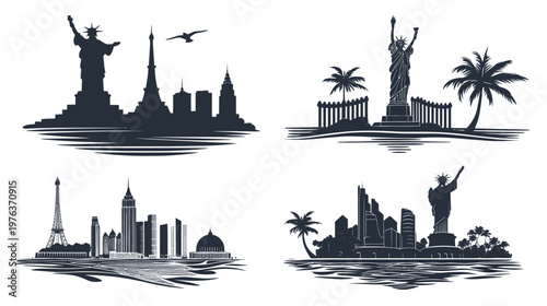 Four black and white cityscapes, iconic landmarks, silhouette-style, featuring monuments and skylines