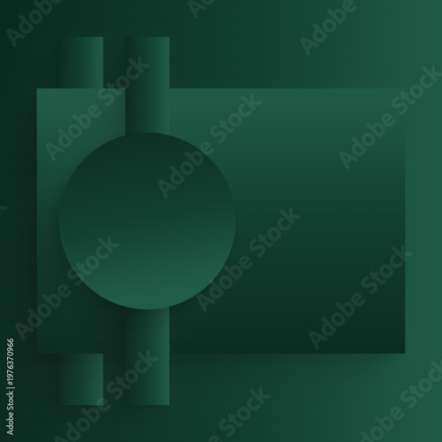 Abstract geometric dark green background with horizontal rectangle and circle, minimalist gradient modern design, clean composition, contemporary visual balance backdrop