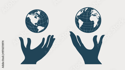 Stylized image depicts hands cupping globes, symbol of global awareness and environmental responsibility