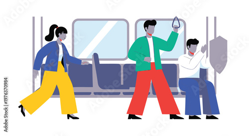 Commuting people, city transportation, colorful flat illustration, public transit, urban travel