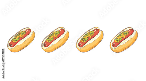 Four cartoon hotdogs on a white background. Each has a red sausage, yellow bun, and relish