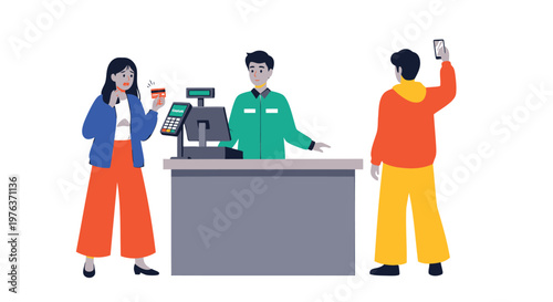 Vector illustration, people, shopping, checkout, retail, cashier, customers