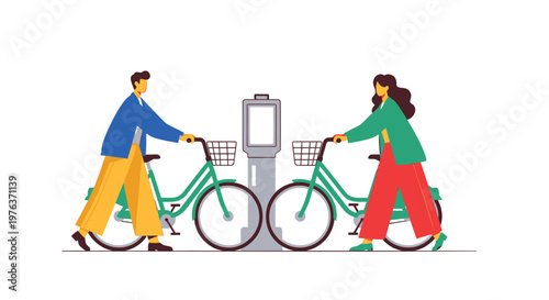 Vector illustration of couple with bicycles, green bikes, urban transportation, cycling lovers