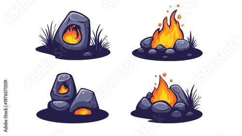 Four stylized illustrations of campfires and fire pits, featuring stones, flames, and grass
