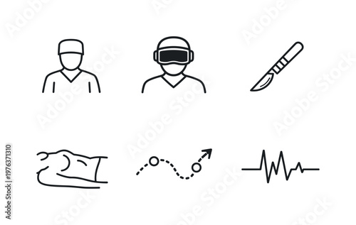 Line vector icons of a student performing a virtual surgical operation (medical simulation): trainee outline, VR mask, scalpel