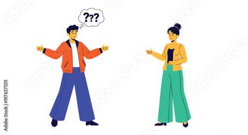 confused people, puzzled individuals, questioning body language, communication problems, flat design characters