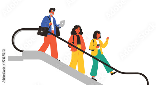Vector illustration of people walking up stairs, colorful business professionals, corporate lifestyle, modern office workers